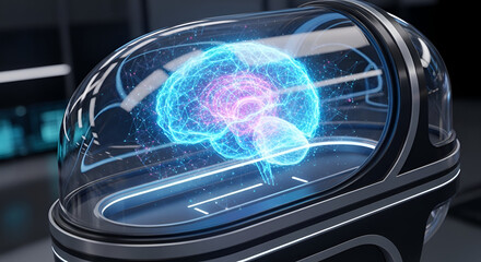 Futuristic Brain Displayed Inside a Transparent Capsule.