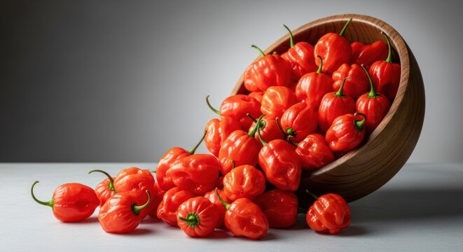 Fresh, vibrant red peppers spilling from a wooden bowl
