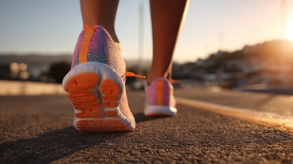 Close-up of woman’s feet running on road in athletic shoes during sunrise, fitness and health wellness outdoor workout concept