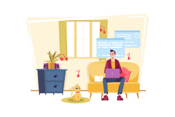 Person Sits on Yellow Couch Working on Laptop with Orange Cat Transparent Background