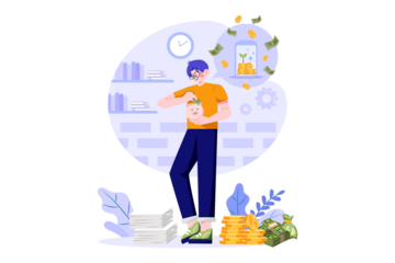 Person Saving Coins into Piggy Bank in Blue and White Background