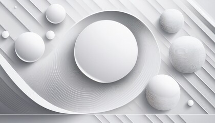 abstract white design with circles and spheres layered geometric shapes diagonal lines and subtle shading