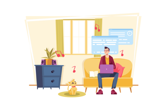 Person Sits on Yellow Couch Working on Laptop with Orange Cat Transparent Background