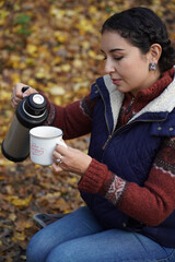 Picknic in the fairy beatiful forest in autumn