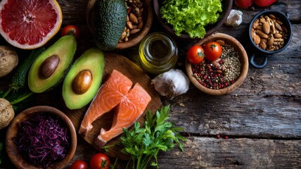 Assortment of fresh and nutritious healthy foods on rustic wooden table with fruits, vegetables, nuts, and whole grains for balanced diet and wellness lifestyle