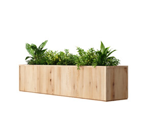 Light-brown wooden planter box filled with various green plants