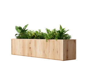 Light-brown wooden planter box filled with various green plants