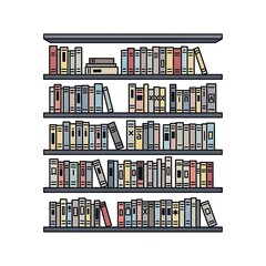 Colorful Illustrated Bookshelf Filled with Books in Various Sizes and Colors for Educational or Library Setting
