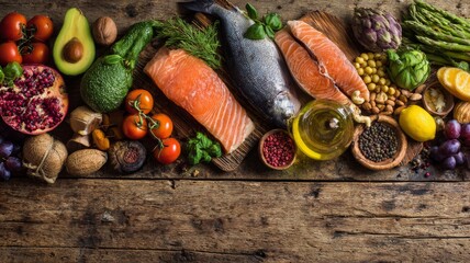 Selection of fresh and nutritious healthy foods including fruits, vegetables, nuts, and whole grains on a rustic wooden background for wellness and balanced diet concept