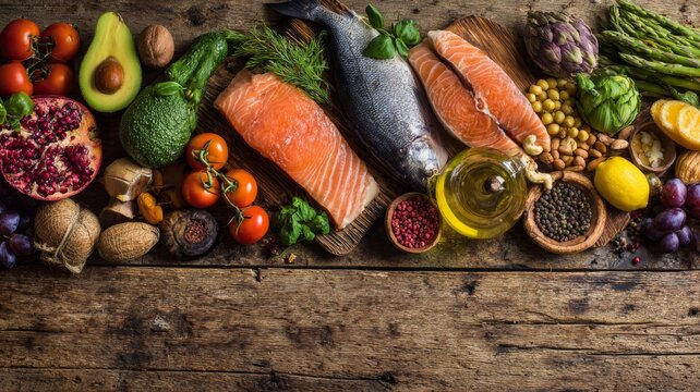 Selection of fresh and nutritious healthy foods including fruits, vegetables, nuts, and whole grains on a rustic wooden background for wellness and balanced diet concept