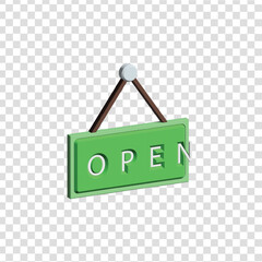 3D open shop sign icon PNG with transparent background, representing business availability, retail store, and welcoming customers.