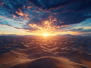 Sunset over rolling dunes desert landscape nature photography dramatic sky wide angle tranquility and beauty