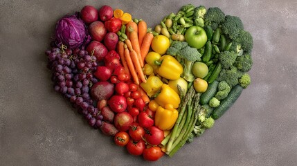 rainbow. Colorful heart-shaped arrangement of fresh fruits and vegetables, symbolizing health and vibrancy. menu design.