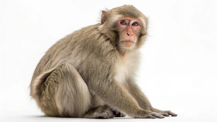 Fototapeta premium Macaque monkey with expressive face and soft fur sitting calmly on a clean white studio background, sharp focus, and professional studio lighting