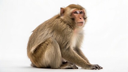 Fototapeta premium Macaque monkey with expressive face and soft fur sitting calmly on a clean white studio background, sharp focus, and professional studio lighting
