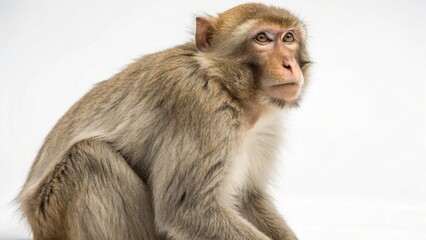 Naklejka premium Macaque monkey with expressive face and soft fur sitting calmly on a clean white studio background, sharp focus, and professional studio lighting