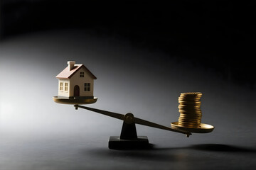 Real estate investment decision balance with house and coins