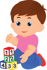 Cartoon child playing with number blocks, educational activity, early learning, colorful toys, sitting kid illustration, preschool vector, development design