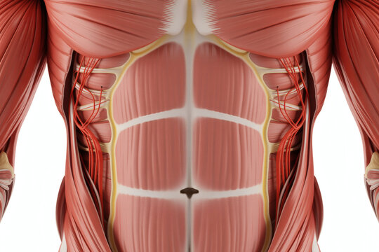 Detailed anatomical illustration of the human abdominal muscles showing the rectus abdominis and obliques with connective tissue