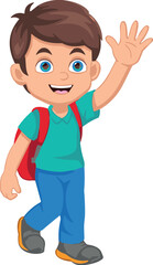 Cartoon child walking, waving hand, red backpack, teal shirt, blue pants, cheerful expression, school theme, vector illustration, white background