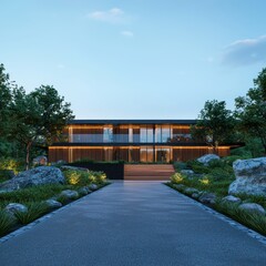 Obraz premium Relaxing in a modern architectural luxury home outdoor setting contemporary design serene environment wide angle view