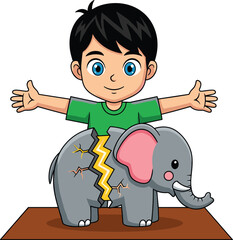 Cartoon child with toy elephant, broken toy, dramatic crack, playful damage, green shirt, blue eyes, vector illustration, white background