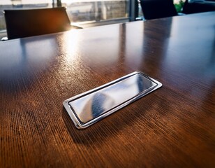 metallic nameplate sits on executive desk in modern office reflecting light and creating professional atmosphere