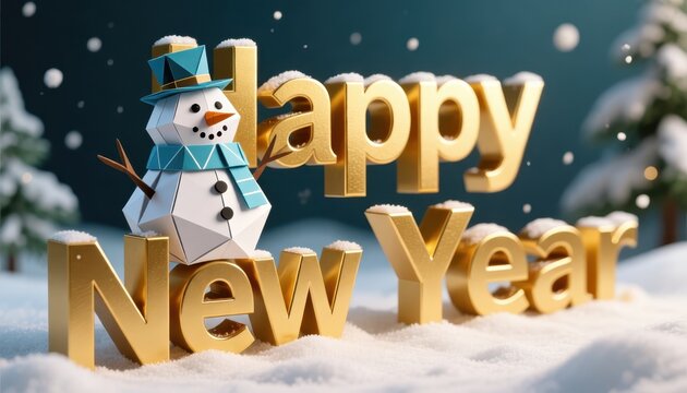 Charming snowman with festive scarf and hat sits on golden happy new year text