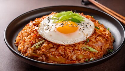 delicious korean kimchi fried rice with fried egg and sesame seeds