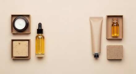 Natural skincare products arranged in eco-friendly packaging on a soft beige background, showcasing organic beauty essentials with copy space for branding