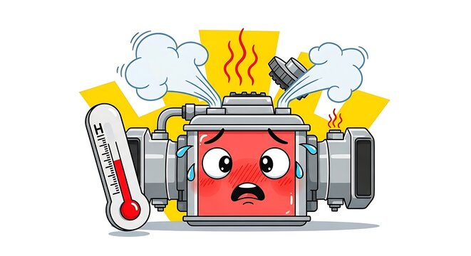 Overheating Engine Cartoon Character Feeling Stressed.
