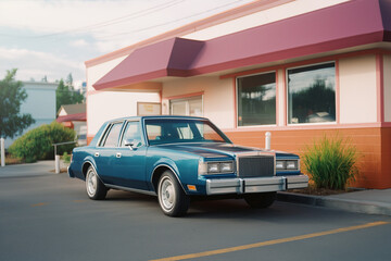 Classic blue sedan parked in front of a fast food restaurant