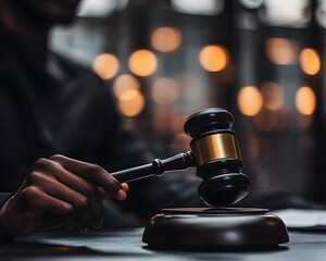 Close Up Of Hand Holding Wooden Gavel In Courtroom