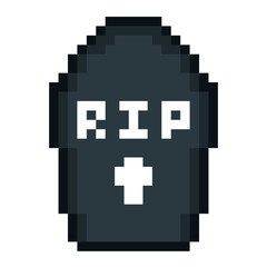 Obraz premium Pixel art gravestone with RIP text and cross. Perfect for spooky design, posters, greeting cards, stickers, invitations, games and seasonal decorations.