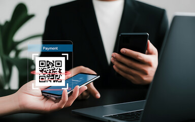 Customer making a mobile payment by scanning qr code with smartphone app