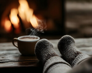 Cozy Feet by Warm Fireplace with Hot Drink