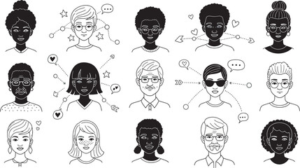 Collection of Hand Drawn Faces in Doodle Style &ndash; Black Line Silhouettes of People for Social Network Concept &ndash; Vector Illustration
