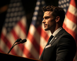 Man Speaking At Podium With American Flags