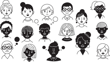 Vector Collection of Hand Drawn Faces in Doodle Style &ndash; Black Line Silhouettes of People for Social Network Concept &ndash; Vector Illustration