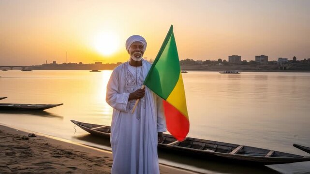 elderly man in traditional attire holding red, yellow, and green flag by serene riverside at sunset. symbolizes cultural pride and heritage. travel brochure. mali proclamation of independence