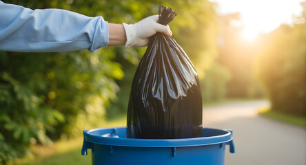 Person Disposing of Trash in Outdoor Setting