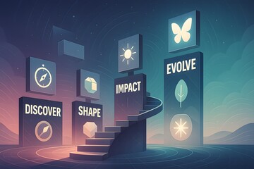 Abstract conceptual illustration of spiral staircase amid labeled pillars discover shape impact evolve in dark blue purple and orange gradient style for strategic presentations