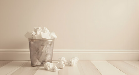 Overflowing Trash Can with Crumpled Paper