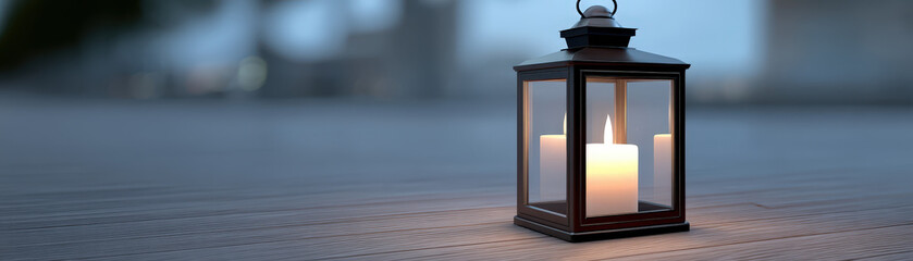 Lit candle inside metal lantern glowing warmly on wooden floor during dusk, creating peaceful and cozy atmosphere
