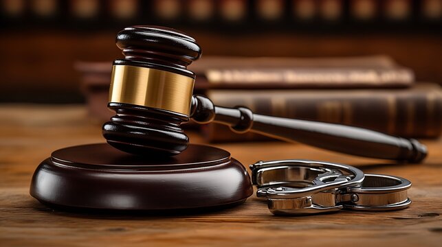 Gavel and handcuffs on wooden table evoking justice, law, and legal themes for dramatic visual storytelling