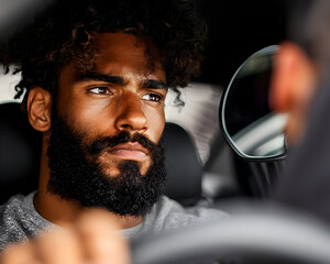 Close Up Of Concentrated Man Driving A Car