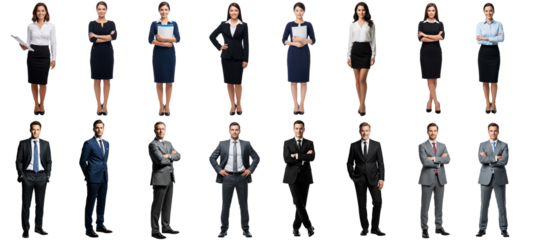 Collection of young business women and business men standing isolated on white or transparent background