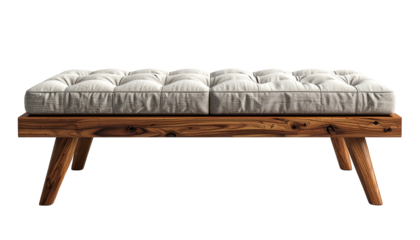 Comfortable modern bench with a tufted upholstered seat and solid wood frame, offering a stylish and relaxing seating option against a stark black background in a  setting.