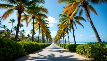 Fototapeta premium The road near the beach is lined with towering palm trees, their fronds swaying gently in the ocean breeze. The sunlight filters through the leaves, casting dappled shadows on the asphalt below