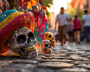Colorful Sugar Skulls Displayed On Stone Street Market In Mexico